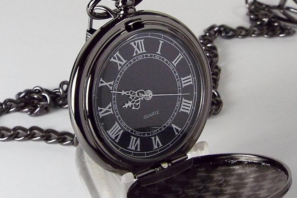 Personalized Pocket Watch Black Crest Cover Custom Engraved Quartz Battery Operated - Hand Engraved