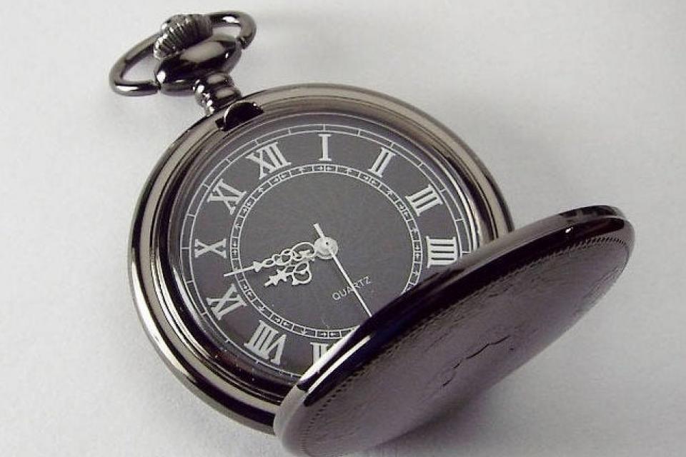 Personalized Pocket Watch Black Crest Cover Custom Engraved Quartz Battery Operated - Hand Engraved