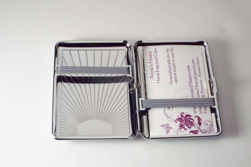 Engraved Personalized Business Card Case or Kings Cigarette Case Double Sided Sun Ray Design -Hand Engraved