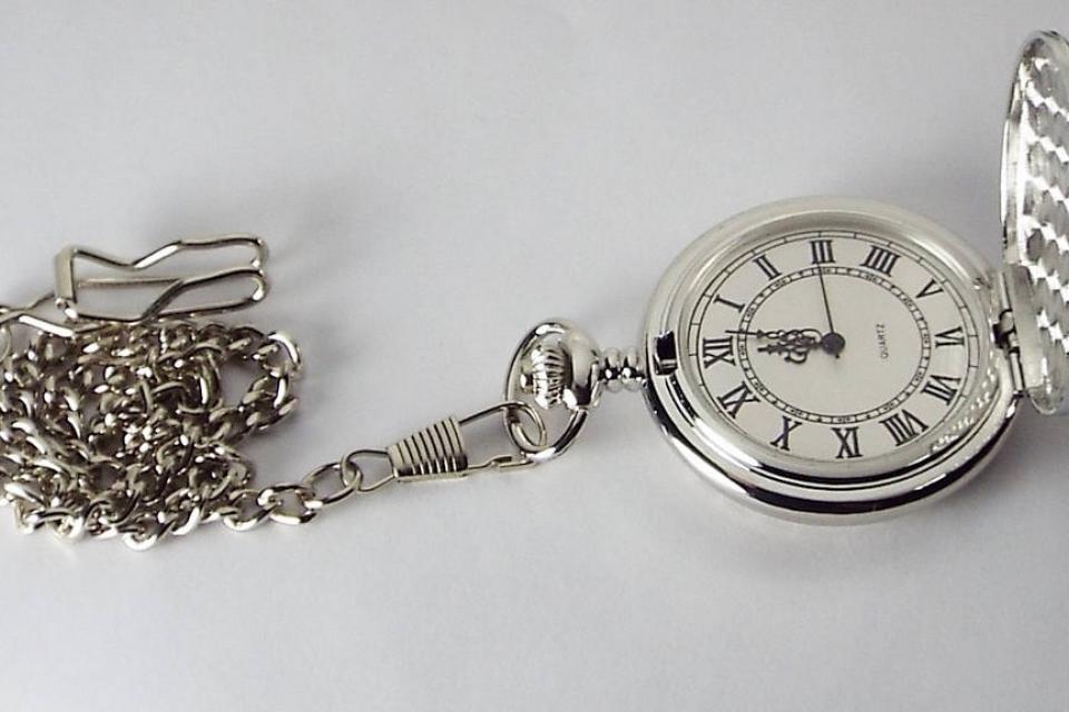 Engraved Pocket Watch Silver Crest Cover Personalized Quartz Battery Operated  - Hand Engraved