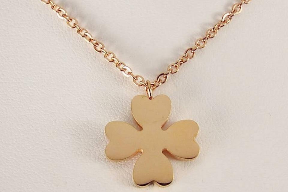 Personalized Four Leaf Clover Necklace Rose Gold Over Stainless Steel Custom Engraved  - Hand Engraved