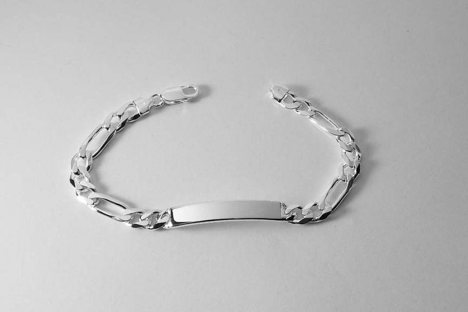 Custom Engraved ID Bracelet Sterling Silver 9 Inch Length Personalized Heavy Figaro Link- Hand Engraved