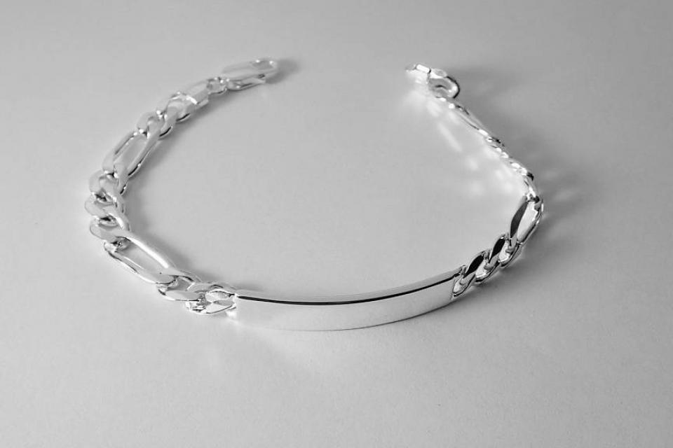 Custom Engraved ID Bracelet Sterling Silver 9 Inch Length Personalized Heavy Figaro Link- Hand Engraved