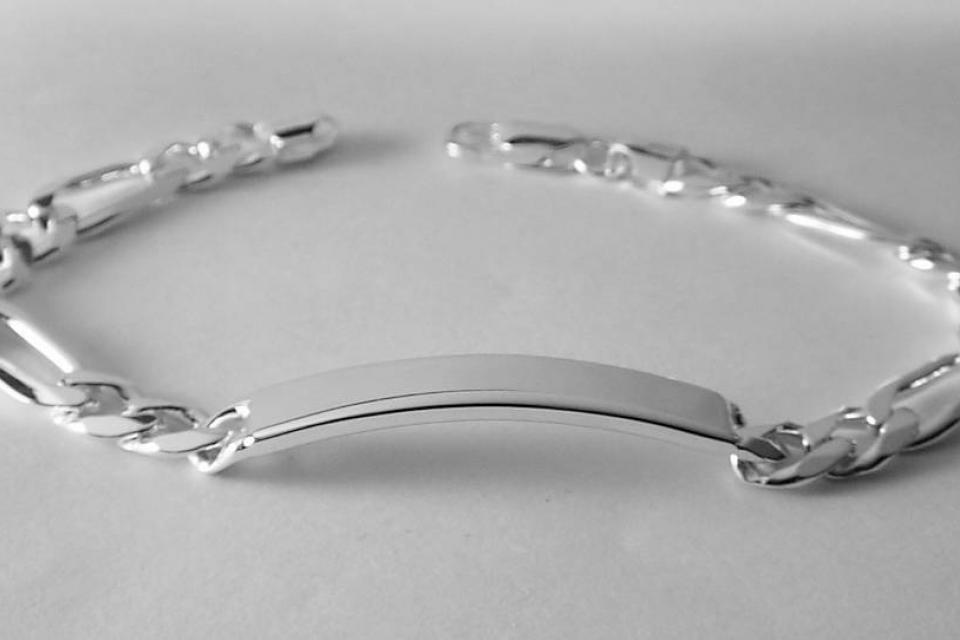 Custom Engraved ID Bracelet Sterling Silver 9 Inch Length Personalized Heavy Figaro Link- Hand Engraved