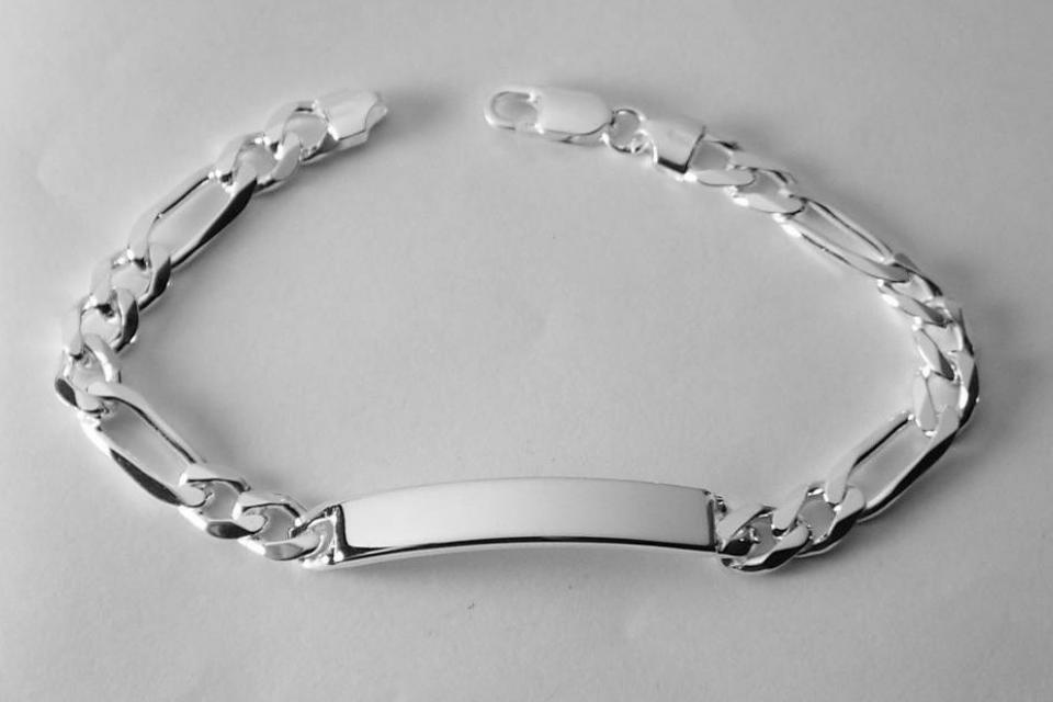 Custom Engraved ID Bracelet Sterling Silver 9 Inch Length Personalized Heavy Figaro Link- Hand Engraved