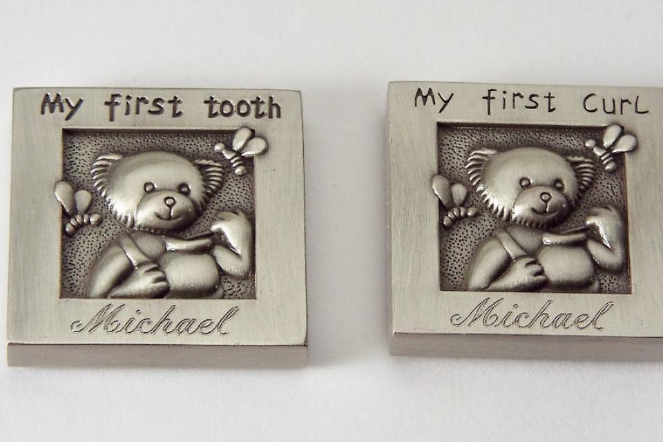 Baby Gift Custom Engraved Personalized Pewter Finish First Tooth and First Curl Keepsake Boxes  -  Hand Engraved