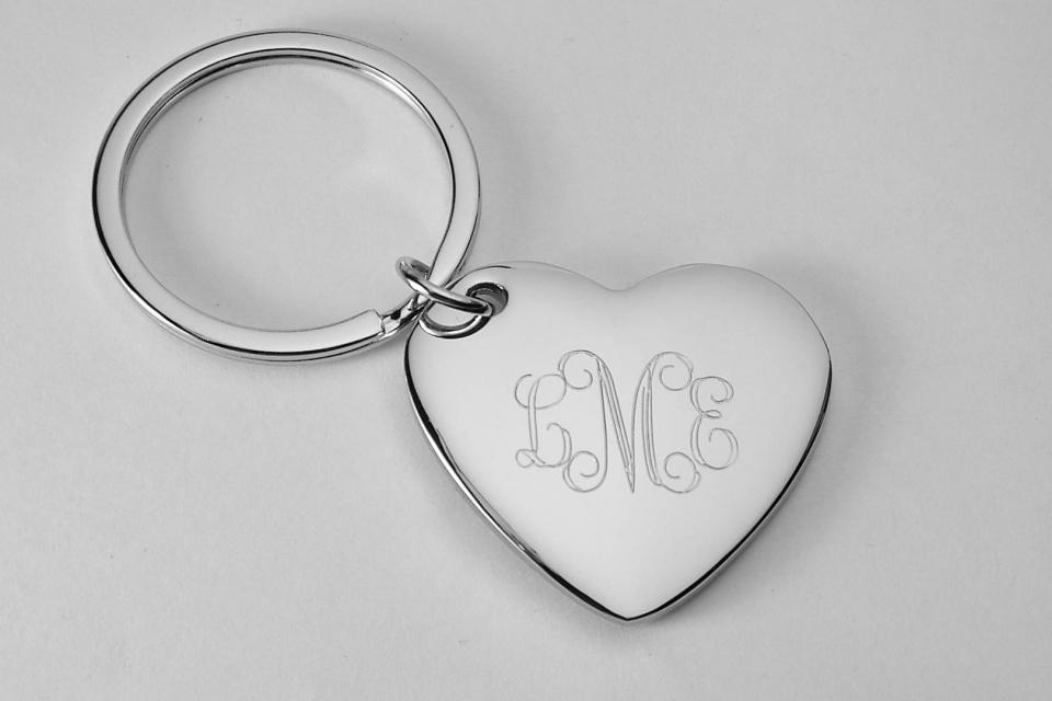 Custom Engraved Personalized High Polish Silver Heart Keychain  - Hand Engraved