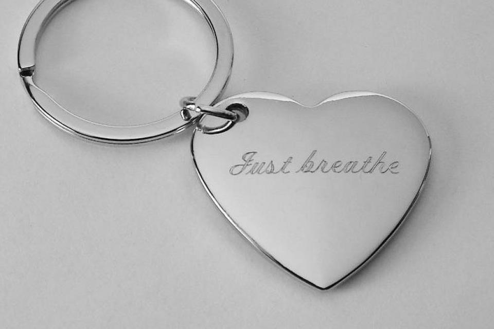 Custom Engraved Personalized High Polish Silver Heart Keychain  - Hand Engraved