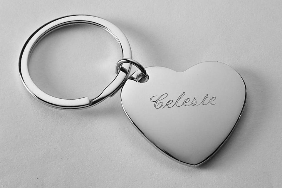 Custom Engraved Personalized High Polish Silver Heart Keychain  - Hand Engraved