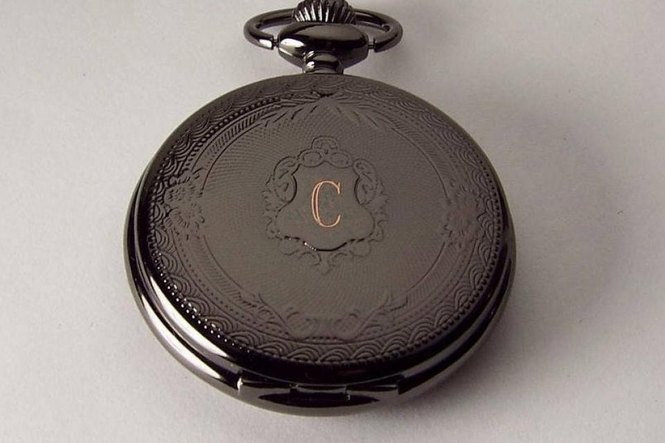 Personalized Pocket Watch Black Crest Cover Custom Engraved Quartz Battery Operated - Hand Engraved