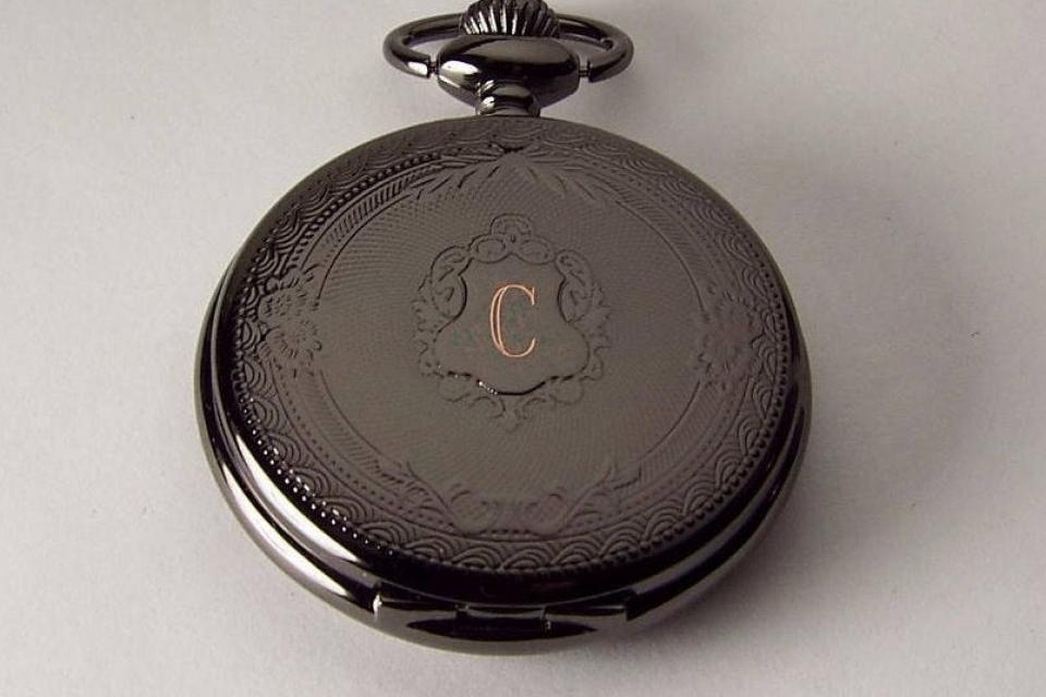 Personalized Pocket Watch Black Crest Cover Custom Engraved Quartz Battery Operated  - Hand Engraved