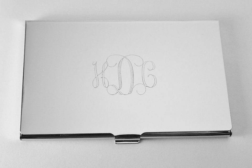 Custom Engraved Personalized High Polish Silver Business Card Holder -Hand Engraved