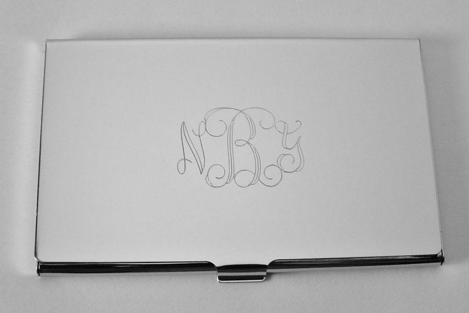 Custom Engraved Personalized High Polish Silver Business Card Holder  -Hand Engraved