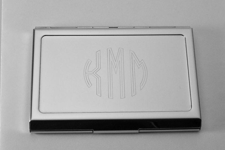 Custom Engraved Personalized Chrome Plated Business Card Holder  -Hand Engraved