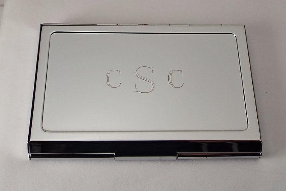 Custom Engraved Personalized Chrome Plated Business Card Holder -Hand Engraved