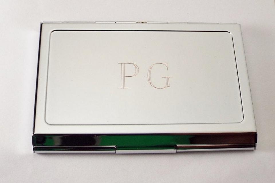 Custom Engraved Personalized Chrome Plated Business Card Holder  -Hand Engraved