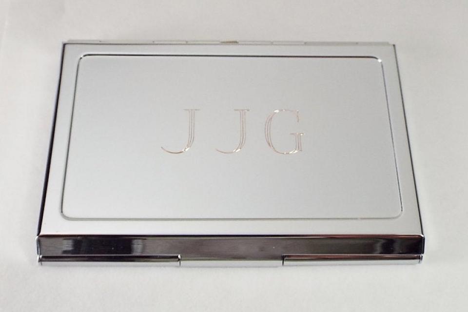 Custom Engraved Personalized Chrome Plated Business Card Holder  -Hand Engraved