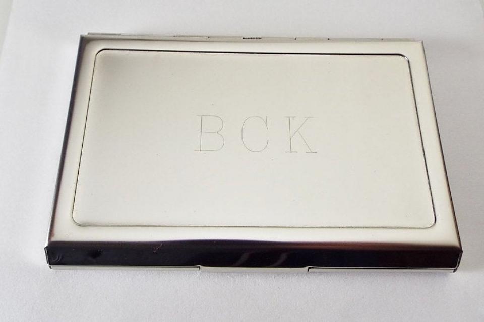 Custom Engraved Personalized Chrome Plated Business Card Holder -Hand Engraved