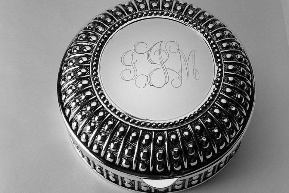 Custom Engraved Personalized Silver Plated Round Beaded Design Jewelry Trinket Box - Hand Engraved