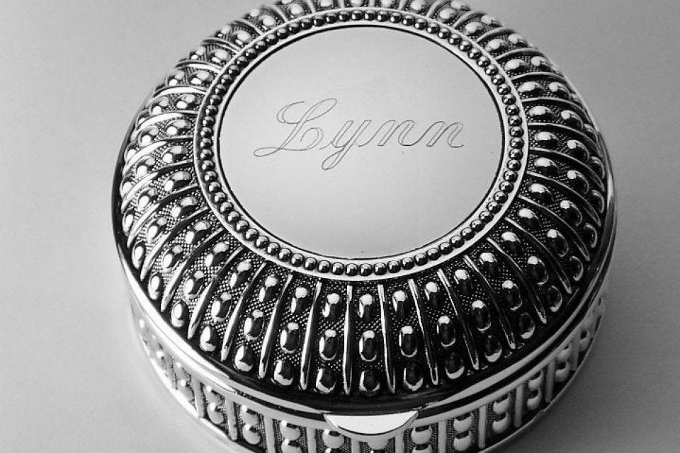 Custom Engraved Personalized Silver Plated Round Beaded Design Jewelry Trinket Box - Hand Engraved