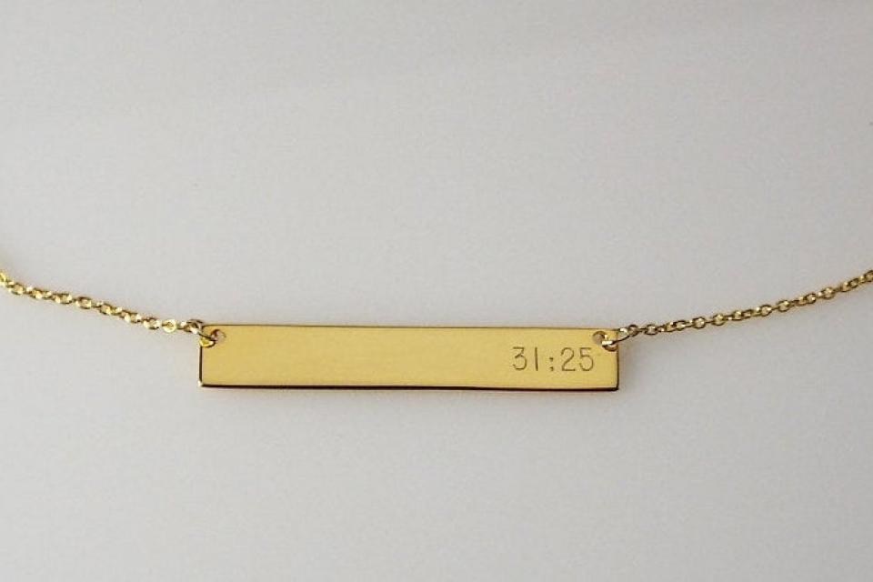 Personalized Thin Bar 14K Gold Plated Sterling Silver Name Necklace Custom Engraved  - Hand Engraved