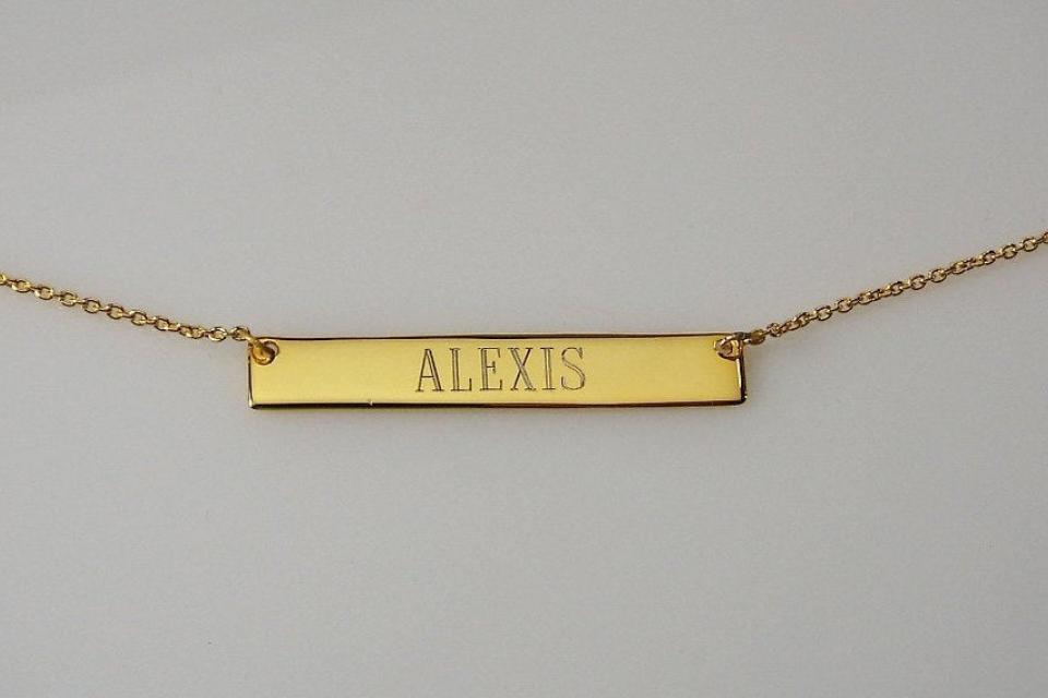 Personalized Thin Bar 14K Gold Plated Sterling Silver Name Necklace Custom Engraved - Hand Engraved