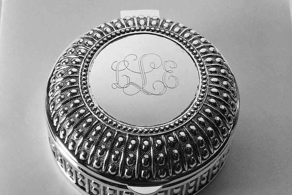 Custom Engraved Personalized Silver Plated Round Beaded Design Jewelry Trinket Box - Hand Engraved