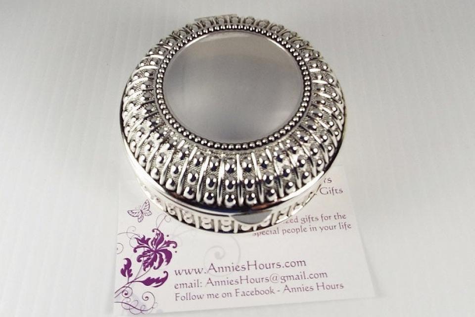 Custom Engraved Personalized Silver Plated Round Beaded Design Jewelry Trinket Box - Hand Engraved