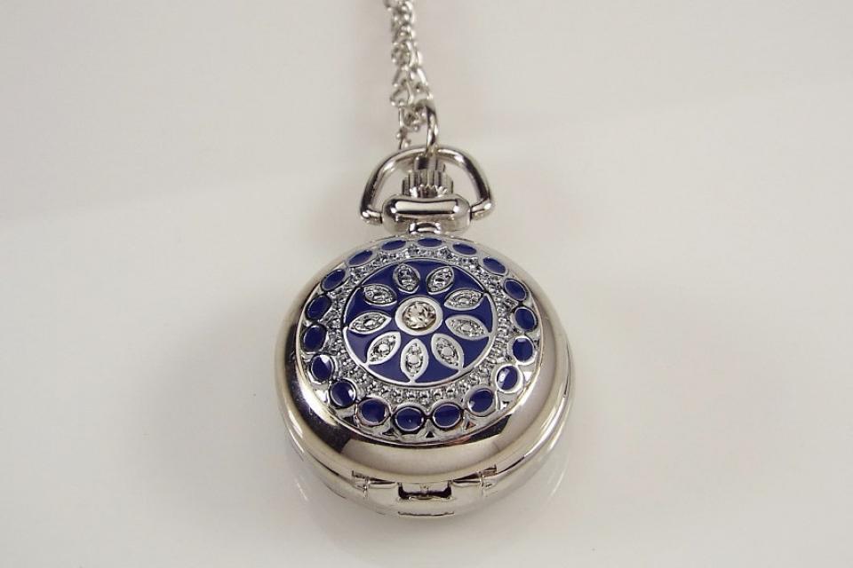 Personalized Pendant Watch Custom Engraved Necklace Watch Blue Enamel and Crystals - Hand Engraved