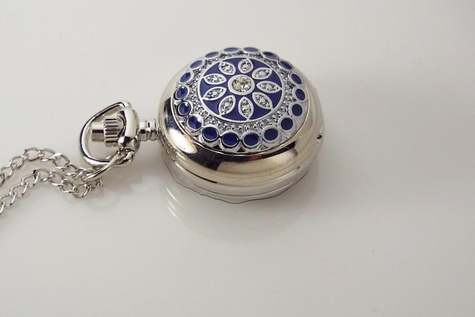 Personalized Pendant Watch Custom Engraved Necklace Watch Blue Enamel and Crystals - Hand Engraved