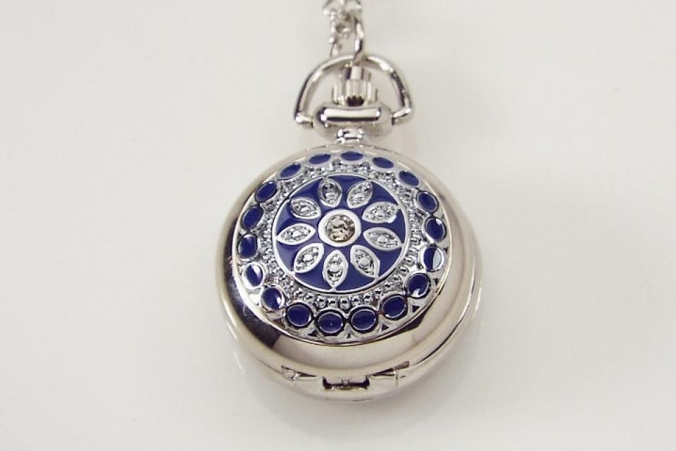 Personalized Pendant Watch Custom Engraved Necklace Watch Blue Enamel and Crystals - Hand Engraved