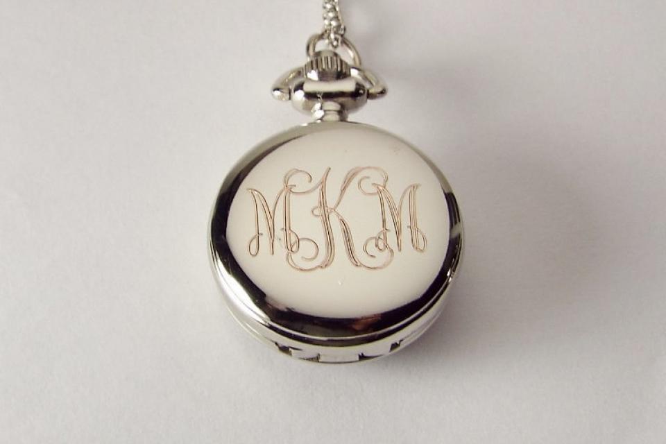 Personalized Pendant Watch Custom Engraved Necklace Watch Blue Enamel and Crystals - Hand Engraved