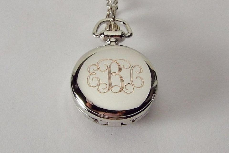 Personalized Pendant Watch Custom Engraved Necklace Watch Black Enamel and Crystals - Hand Engraved
