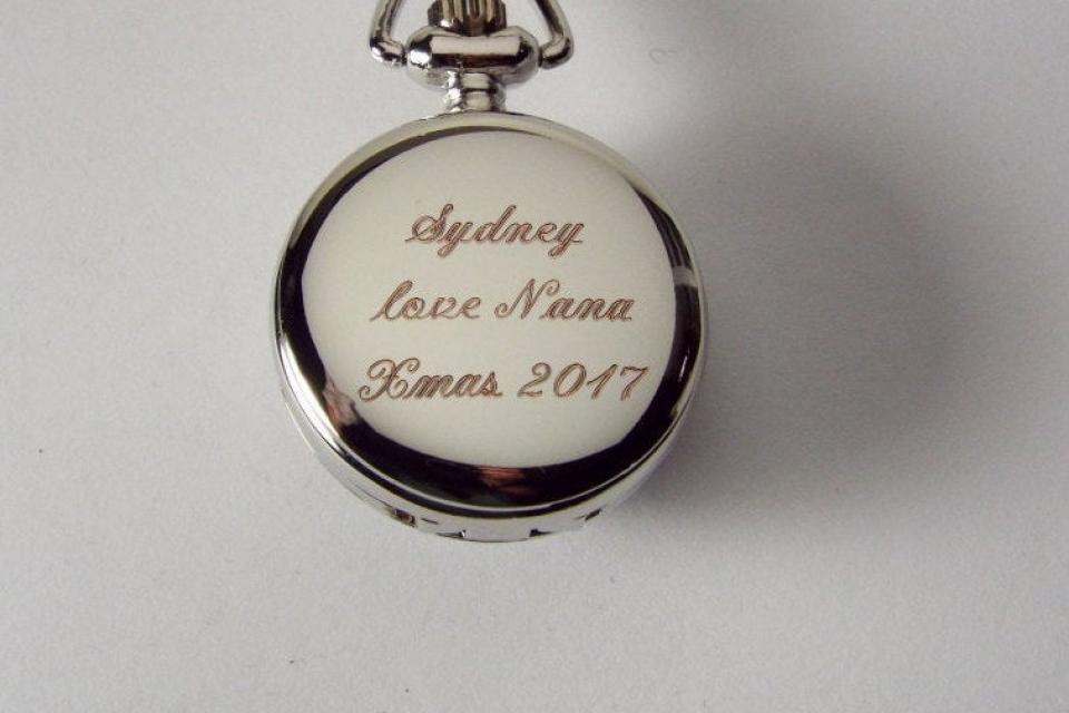 Personalized Pendant Watch Custom Engraved Necklace Watch Black Enamel and Crystals - Hand Engraved