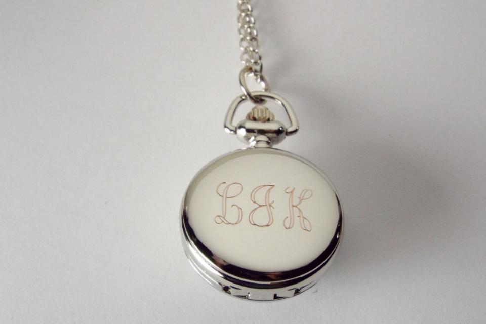 Personalized Pendant Watch Custom Engraved Necklace Watch White Enamel and Crystals  - Hand Engraved