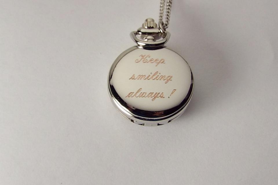 Personalized Pendant Watch Custom Engraved Necklace Watch White Enamel and Crystals - Hand Engraved