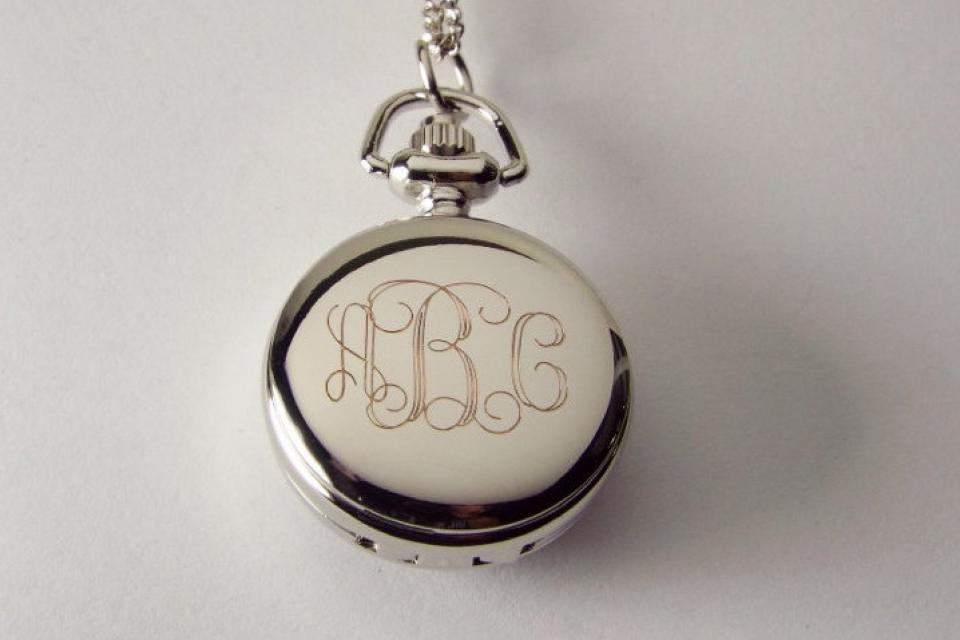 Personalized Pendant Watch Custom Engraved Necklace Watch White Enamel and Crystals  - Hand Engraved