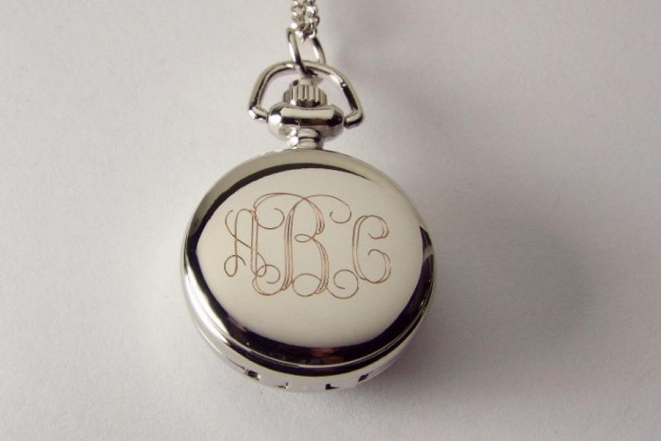 Personalized Pendant Watch Custom Engraved Necklace Watch White Enamel and Crystals - Hand Engraved