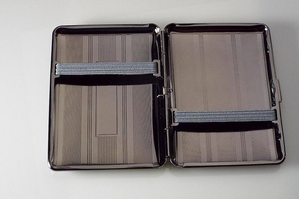 Engraved Gloss Black Business Card Case Personalized Double Sided Linear Design or Kings Cigarette Case -Hand Engraved
