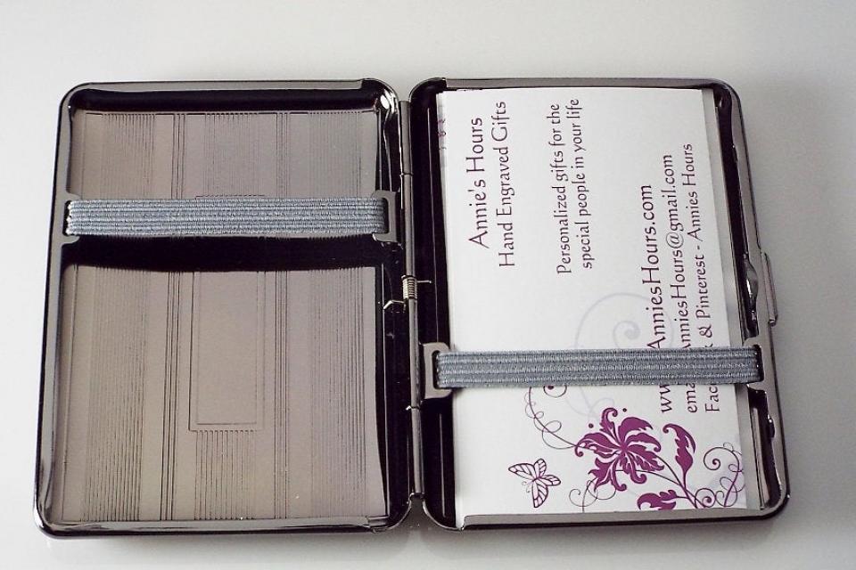 Engraved Gloss Black Business Card Case Personalized Double Sided Linear Design or Kings Cigarette Case -Hand Engraved