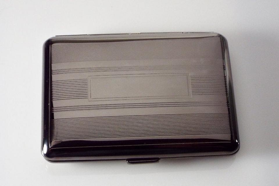 Engraved Gloss Black Business Card Case Personalized Double Sided Linear Design or Kings Cigarette Case -Hand Engraved