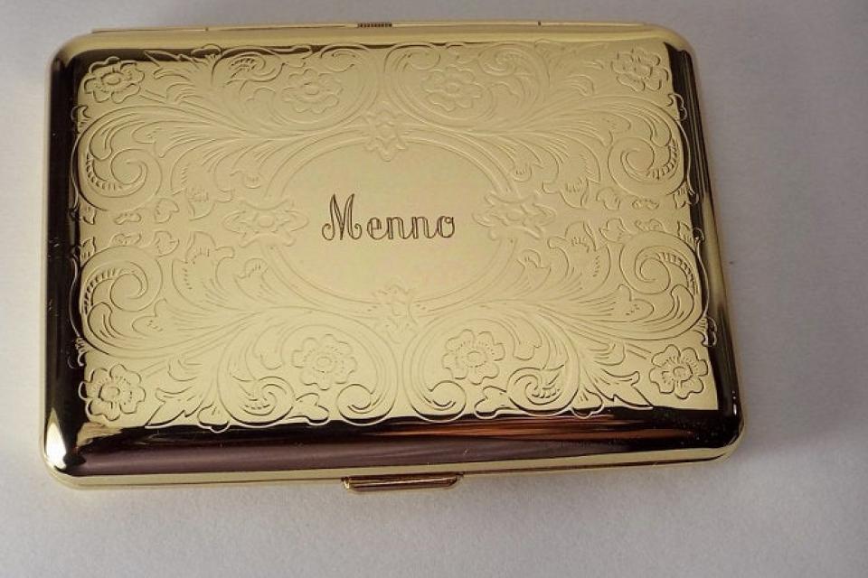 Personalized Custom Engraved Golden Business Card Case or Kings Cigarette Case Double Sided Scroll Design  -Hand Engraved