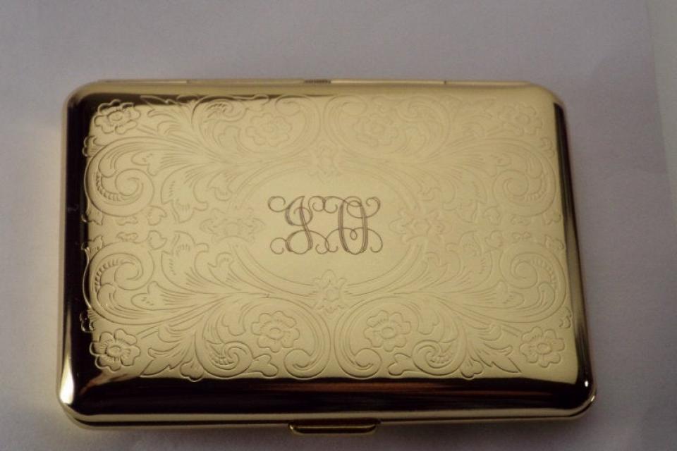 Personalized Custom Engraved Golden Business Card Case or Kings Cigarette Case Double Sided Scroll Design  -Hand Engraved