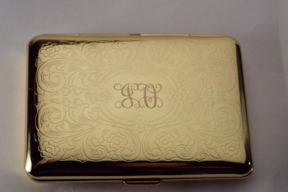 Personalized Custom Engraved Golden Business Card Case or Kings Cigarette Case Double Sided Scroll Design -Hand Engraved