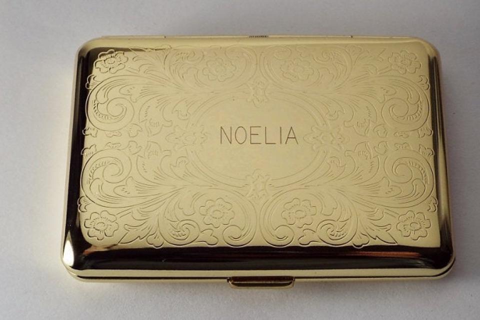 Personalized Custom Engraved Golden Business Card Case or Kings Cigarette Case Double Sided Scroll Design -Hand Engraved