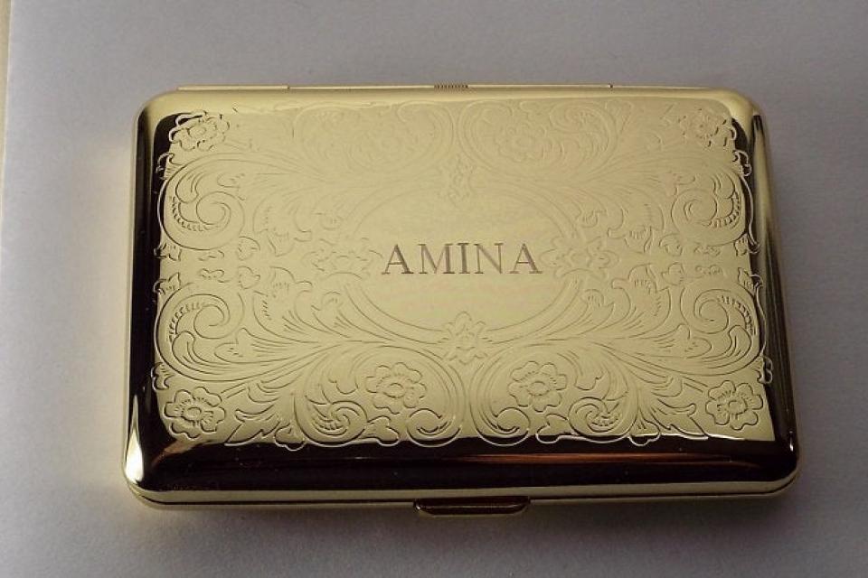 Personalized Custom Engraved Golden Business Card Case or Kings Cigarette Case Double Sided Scroll Design  -Hand Engraved