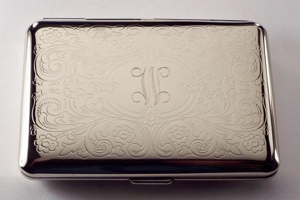 Custom Engraved Personalized Business Card Case or Kings Cigarette Case Double Sided Scroll Design -Hand Engraved
