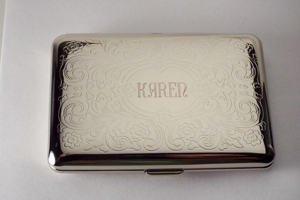 Custom Engraved Personalized Business Card Case or Kings Cigarette Case Double Sided Scroll Design -Hand Engraved