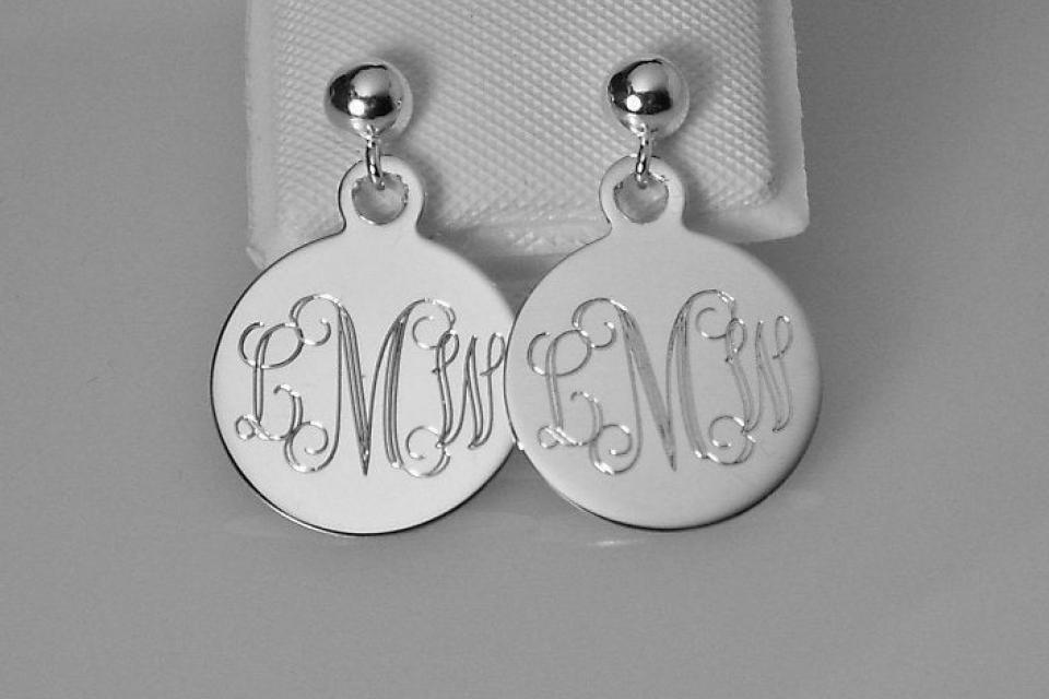 Monogram Earrings Engraved Sterling Silver 1/2 Inch Round Disc Post Personalized Earrings - Hand Engraved