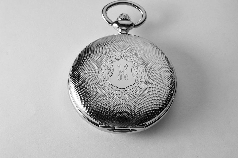 Pocket Watch Custom Engraved Mechanical Wind Up Pocket Watch with Front Shield and Skeleton Back and Dial - Hand Engraved